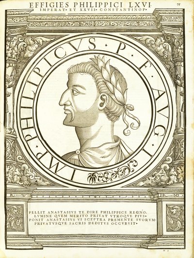 Philippicus, illustratie uit Imperatorum romanorum omnium orientalium et occidentalium verissimae imagines ex antiquis numismatis, houtsnede door Rudolph Wyssenbach, gedrukt door Andreas Gesner, Zürich door Hans Rudolf Manuel Deutsch